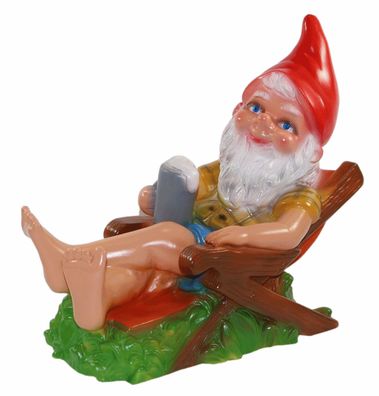 Deko Figur lustiger Zwerg H 31 cm Spaß Gartenzwerg auf Liegestuhl Gartenfigur