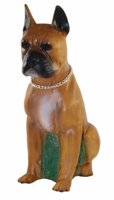 Deko Figur Tierfigur Hund Boxer mit Kette sitzend aus Kunststoff H 40 cm (Gr. Klein)