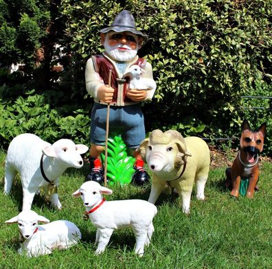 Deko Garten Figur Hirte mit Schäferhund, Widder, Schaf, Lämmlein aus Kunststoff