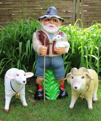 Deko Figur Gartenfigur Hirte Schäfer mit Schafbock und Schaf aus Kunststoff
