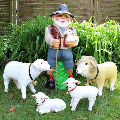 Deko Figur Gartenfigur Hirte mit Schafbock, Schaf und Lämmlein aus Kunststoff