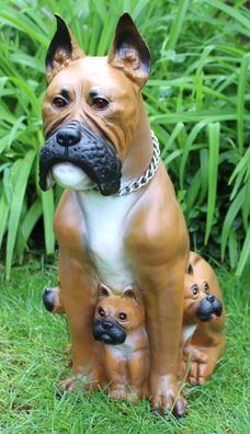 Deko Garten Figur Gartenfigur Hund Boxer mit drei Welpen aus Kunststoff H 59 cm