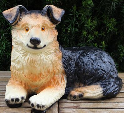 Figur Hund Welpe Border Collie liegend H 32 cm Hundefigur Gartenfigur Kunstharz