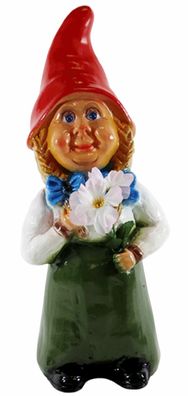 Deko Figur Zwergenfrau H 35 cm Gartenzwerg mit Blumen Gartenfigur Kunststoff