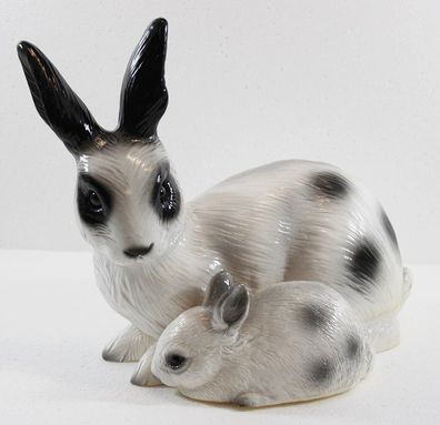 Deko Garten Figur Tierfigur Hase mit Kleinem liegend weiß aus Kunststoff H 21 cm