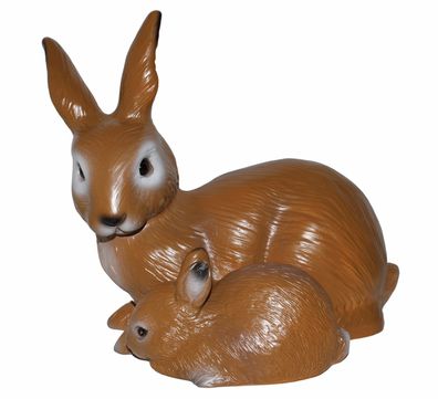 Deko Garten Figur Tierfigur Hase mit Kleinem liegend braun aus Kunststoff H 21cm