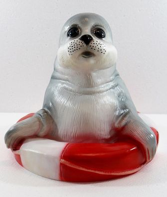 Deko Figur Gartenfigur Teichfigur Seehund im Rettungsring aus Kunststoff H 22 cm
