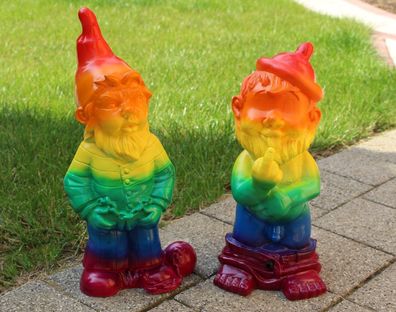 2-er Satz: Gartenzwerge Gartenfigur Deko Zwerg Bewegungsmelder lustig Regenbogen