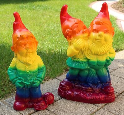 2-er Satz: Gartenzwerge Gartenfigur Deko Zwerg schwules Paar lustig Regenbogen