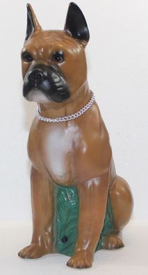 Figur Hund Boxer sitzend H 40 cm Gartenfigur mit Scherz Bewegungsmelder Wau-wau
