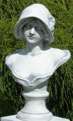 Deko Figur Skulptur Büste junge Frau mit Hut H 39 cm Gartenskulptur Statue Beton