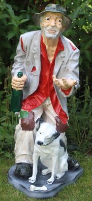 Dekofigur Bettler groß stehend mit Flasche und Hund am Fuß H 91 cm Gartenfigur