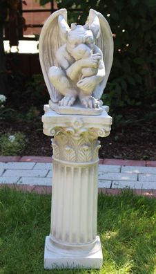 Beton Figur Skulptur Drache Gargoyle auf korinthischer Säule H 74 cm Dekofigur