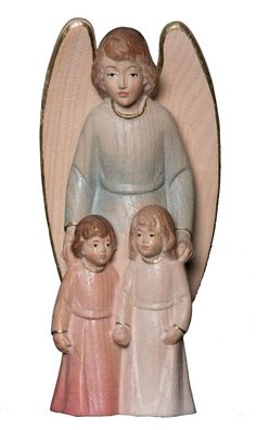 Schutzengel mit Kindern H 12 cm Engel Holzfigur Deko Holz Statue aus Ahornholz