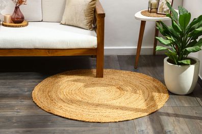 Jute Teppich handgewebt natur - rund / 100 cm - Fuß Boden Matte Läufer ethno boho