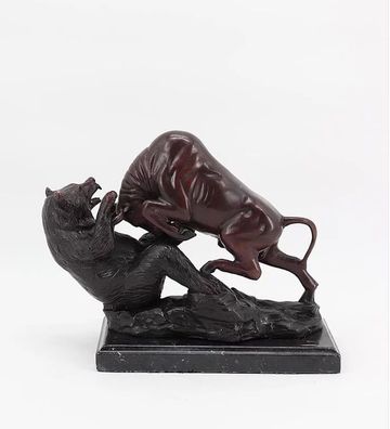 Bronzefigur Skulptur Tierfigur Bulle und Bär aus Bronze auf Mamorsockel B 33 cm