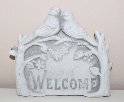 Beton Deko Figur "Welcome" Schild mit Vögel und Blumen H 18 cm Dekofigur Eingang