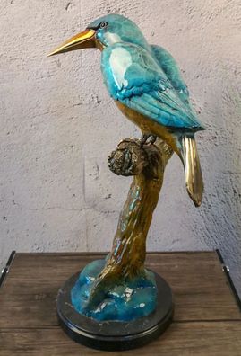 Bronzefigur Bronzeskulptur Tierfigur Eisvogel aus Bronze auf Marmorsockel H 53cm