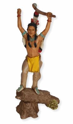 Indianerfigur Massasoit H 24 cm Wasamegin Gelbe Feder mit Kopfschmuck stehend