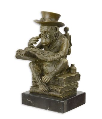 Bronzefigur Bronzeskulptur Bronze Darwin Affe auf Bücherstapel H 21 cm Steampunk