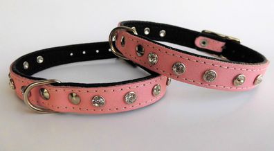 Hundehalsband - Halsband, Halsumfang 22-27 cm Leder Kristallen + Rosa (PL.2-37)