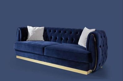 Blaue Dreisitzer Couch Sofa Elegante Sitzmöbel Sofa Chesterfield Samt