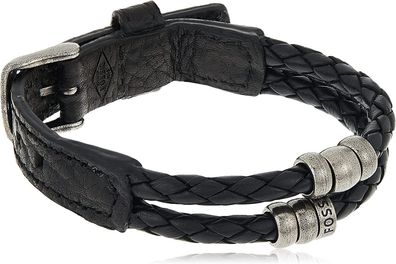 Fossil Herren-Armband JF85460040 Leder Edelstahl Vintage Schwarz Silber 25 cm