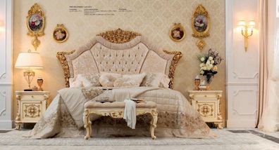 Garnitur Schlafzimmer Bett Nachttisch Hocker Luxus Doppelbett Stoff Beige Design