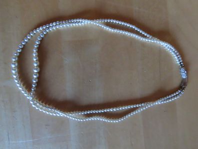 Halskette alte zweireihige silberfarbenen Perlenkette Verschluß Silberfarben 835