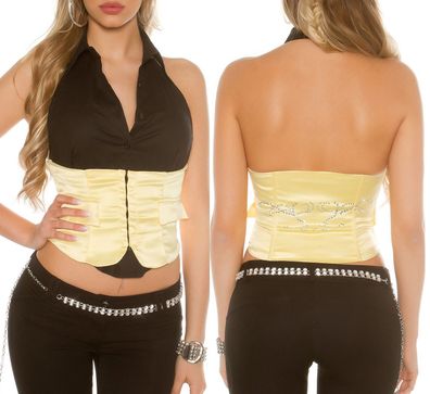 SeXy Miss Damen Neck Hemd Corsage Top Satin Strass S 34 M 36 L 38 gelb schwarz