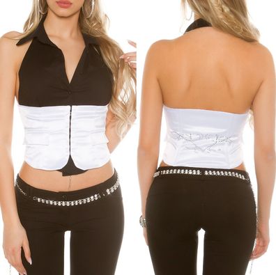 SeXy Miss Damen Neck Hemd Corsage Top Satin Strass S 34 M 36 L 38 weiß schwarz