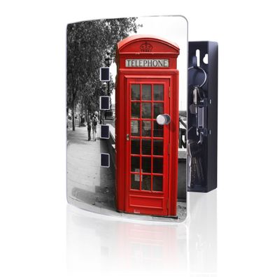 banjado® Schlüsselkasten Edelstahl silber-schwarz 10 Haken Motiv London Red Telephone