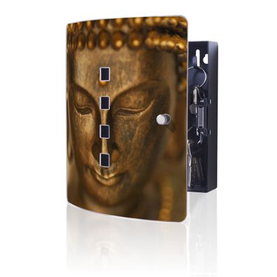 banjado® Schlüsselkasten Edelstahl silber-schwarz 10 Haken Motiv Buddha Gold