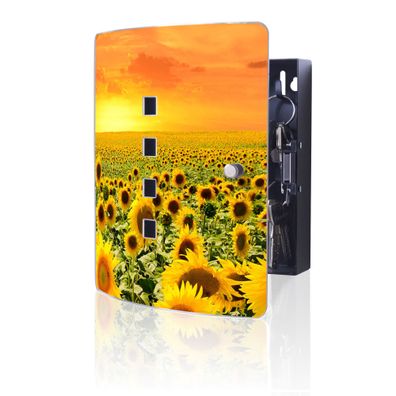banjado® Schlüsselkasten Edelstahl silber-schwarz 10 Haken Motiv Sonnenblumenmeer
