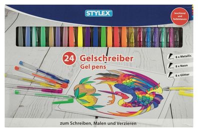 Stylex Gelschreiber, 24er Set Metallic, Neon, Glitter