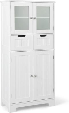 Badschrank mit 2 Schubladen und 4 Türen, Badezimmerschrank mit verstellbaren Regalen