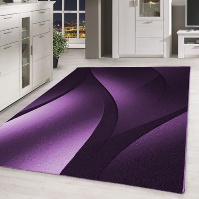 Designer Teppich Modern Kurzflor Abstrakt Wellen Muster Schwarz Lila Weiß