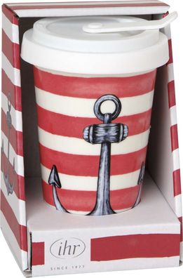 Porzellanbecher Coffee to go mit Silikondeckel, Motiv "Sailor`s Anchor", rot