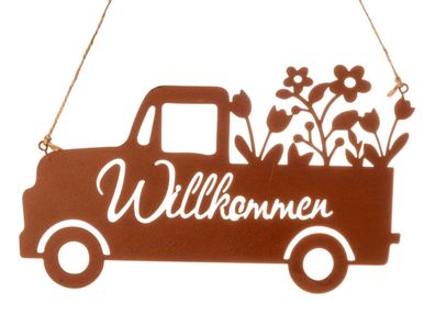 Hängedeko Auto Willkommen mit Blumen | Rost Gartenstecker Gartendeko | 25x15 cm