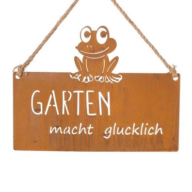 Schild Frosch | Garten macht glücklich | Dekohänger Metallschild Rost | 38x28cm