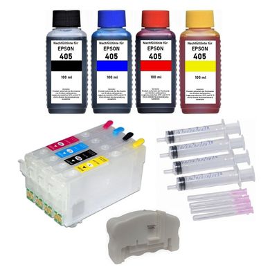 Wiederbefüllbare Tintenpatronen wie Epson 405XL + Chipresetter + 400 ml Nachfülltinte