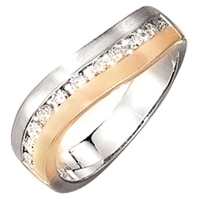 Damen Ring 585 Gold Weißgold Gelbgold bicolor matt 11 Diamanten Brillanten