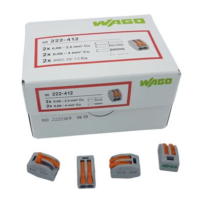 50 Stück Wago 222-412 Verbindungsklemme 2 Leiter mit Betätigungshebel 0,08-4 mm², ...