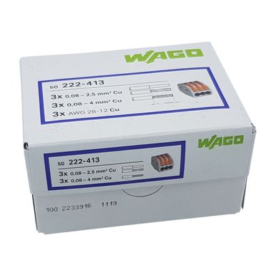 50 Stück Wago 222-413 Verbindungsklemme 2 Leiter mit Betätigungshebel 0,08-4 mm², ...