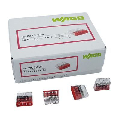 100 Stück Wago 2273-204 Compact-verbindungsdosenklemme Ø 0,5-2,5 mm², 4-polig, ...