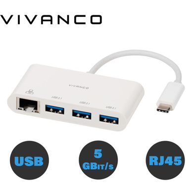 Vivanco USB-C Typ-C Hub 3x USB 3.1 1x LAN Ethernet RJ45 Netzwerk Adapter 5GBit/ s