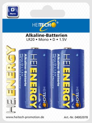 Heitech Alkaline Batterien Mono D, LR20 - 1,5 Volt, (2-er Pack) Batterie