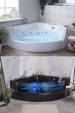 Whirlpool Badewanne Marburg schwarz weiß mit Massage LED Glas Luxus Eckwanne 135x135