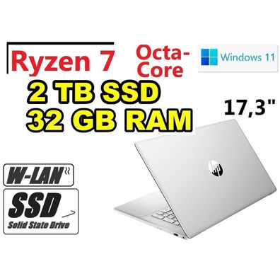HP Laptop Octa-Core AMD Ryzen7 silber 2TB SSD 32GB RAM 17,3" HDMI Windows11