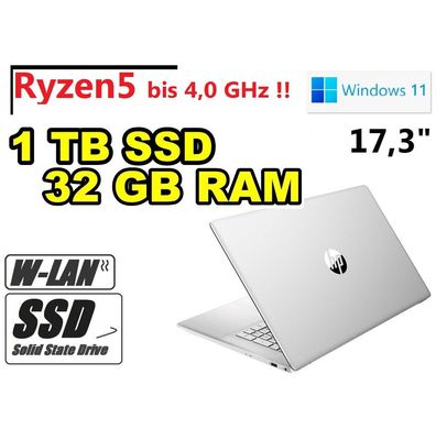 HP Laptop Hexa-Core AMD Ryzen5 silber 1TB SSD 32GB RAM 17,3" HDMI Windows11